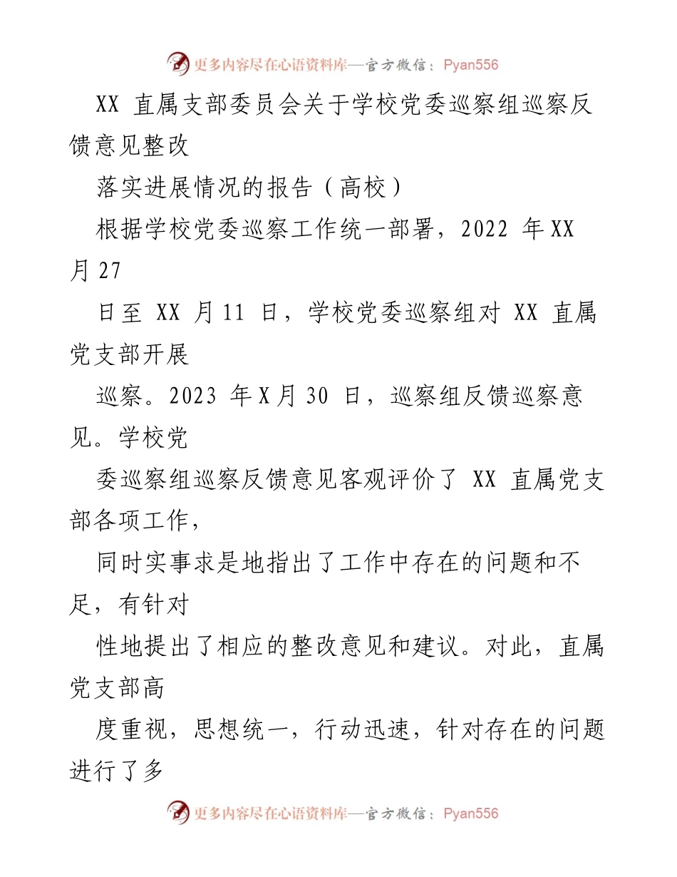 [工作总结] 高校党委巡察整改 - XX 直属支部巡察反馈意见整改落实进展报告.docx_第1页