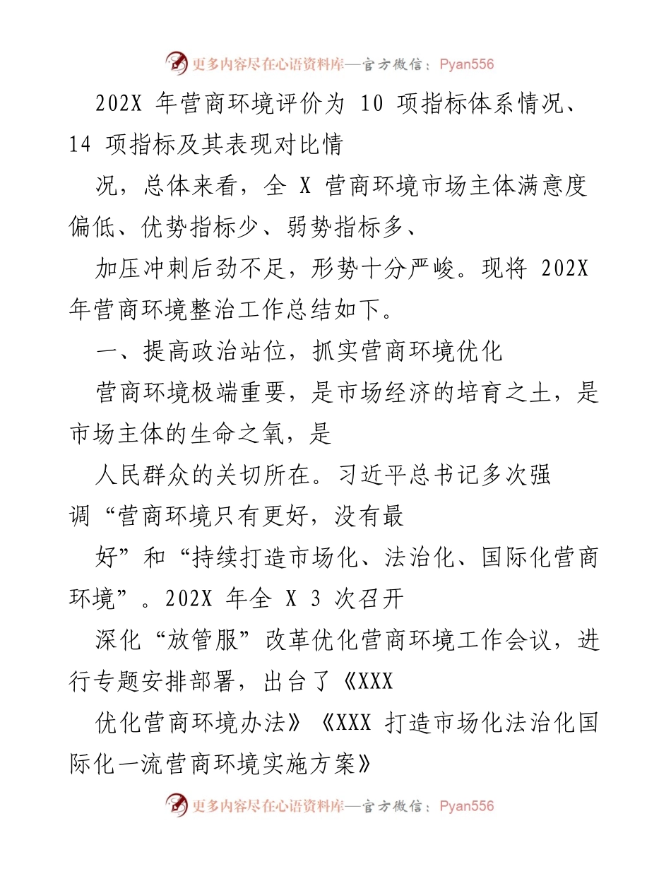 [工作总结] 营商环境整治 - 202X 年营商环境优化工作总结与评价.docx_第1页