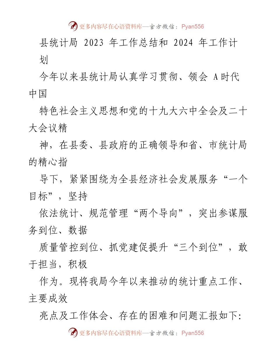 [工作总结] 统计局年度总结 - 2023年度县统计局工作总结与2024年工作计划.docx_第1页