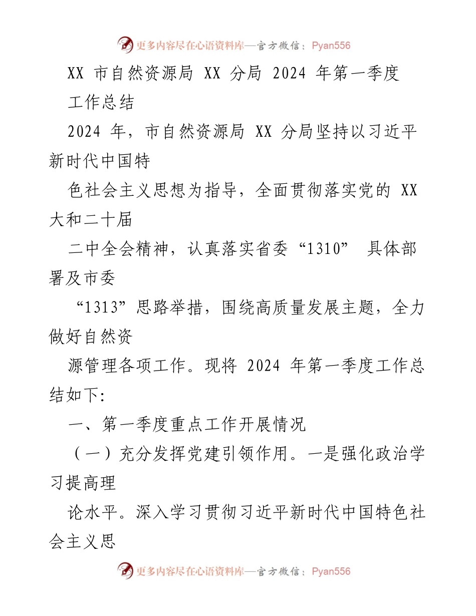 [工作总结] 自然资源管理 - 2024年第一季度工作总结及主要成就.docx_第1页