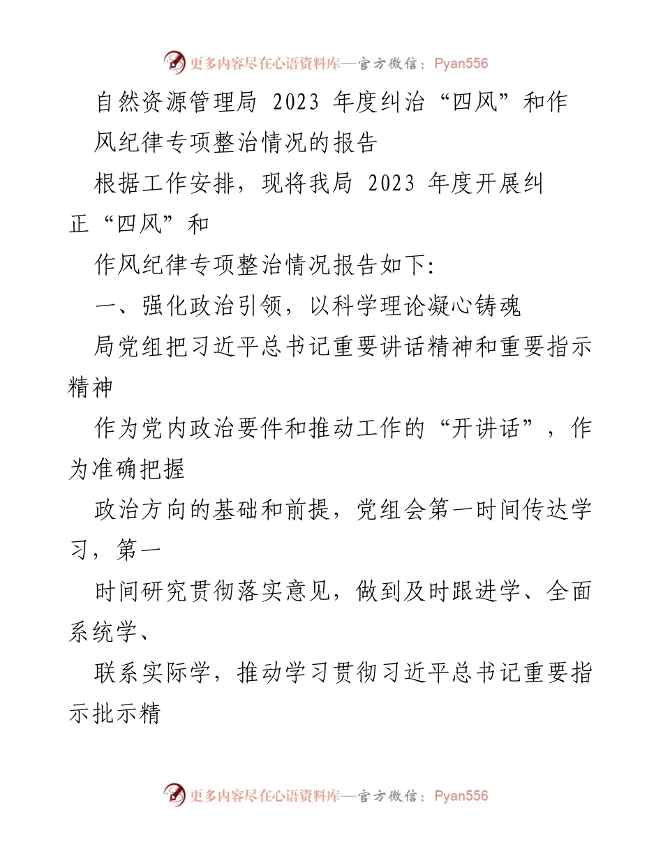 [工作总结] 自然资源管理局 - 2023 年度“四风”作风纪律专项整治情况报告.docx_第1页