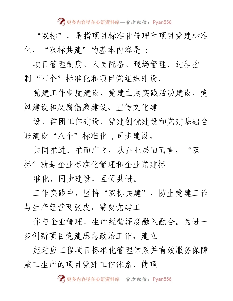 [工作总结] 项目党建与标准化管理 - 推动“双标共建”实现项目管理与党建深度融合.docx_第1页