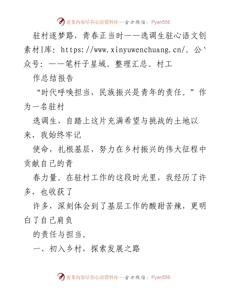 [工作总结] 驻村选调生 - 扎根基层，青春助力乡村振兴.docx_第1页