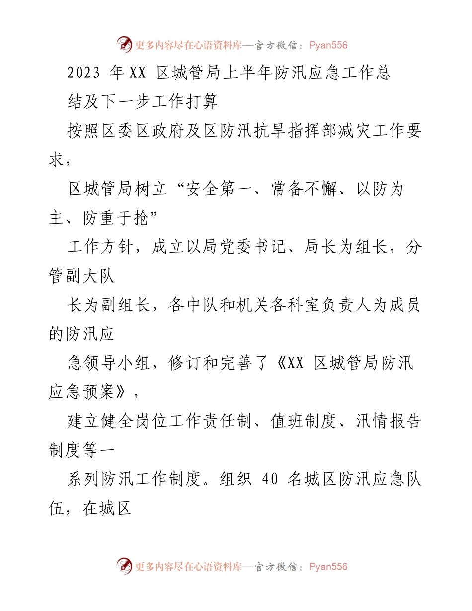 [工作总结] 防汛应急工作 - 2023年XX区城管局上半年防汛应急工作总结及后续计划.docx_第1页