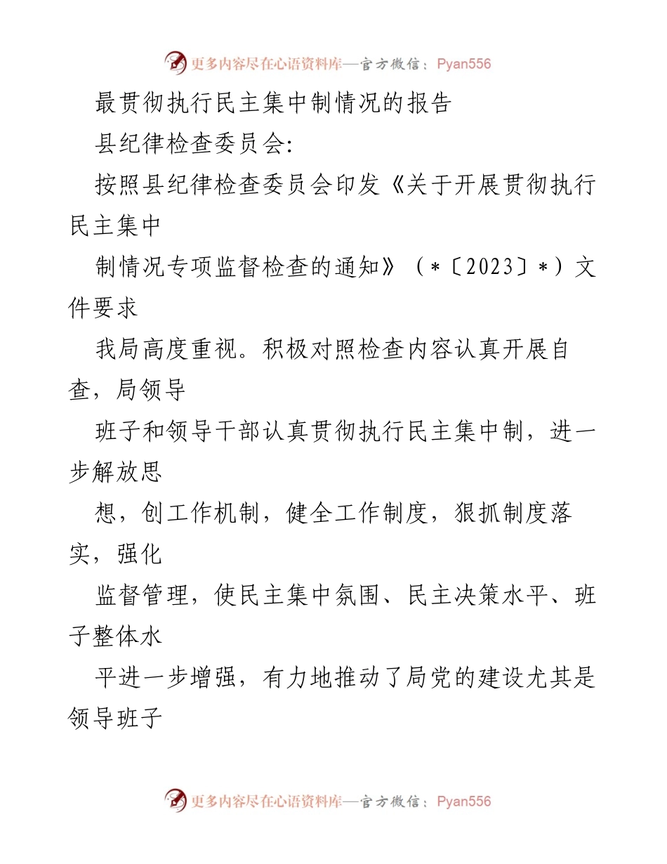[工作总结] 贯彻民主集中制 - 民主集中制执行情况总结报告.docx_第1页