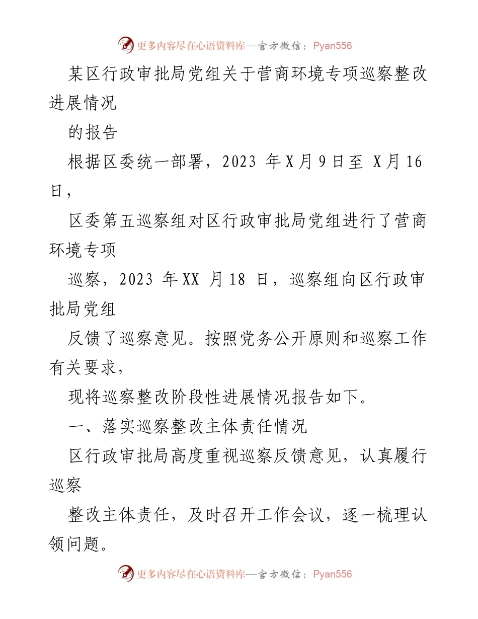 [工作总结] 营商环境专项巡察 - 区行政审批局党组营商环境专项巡察整改进展报告.docx_第1页