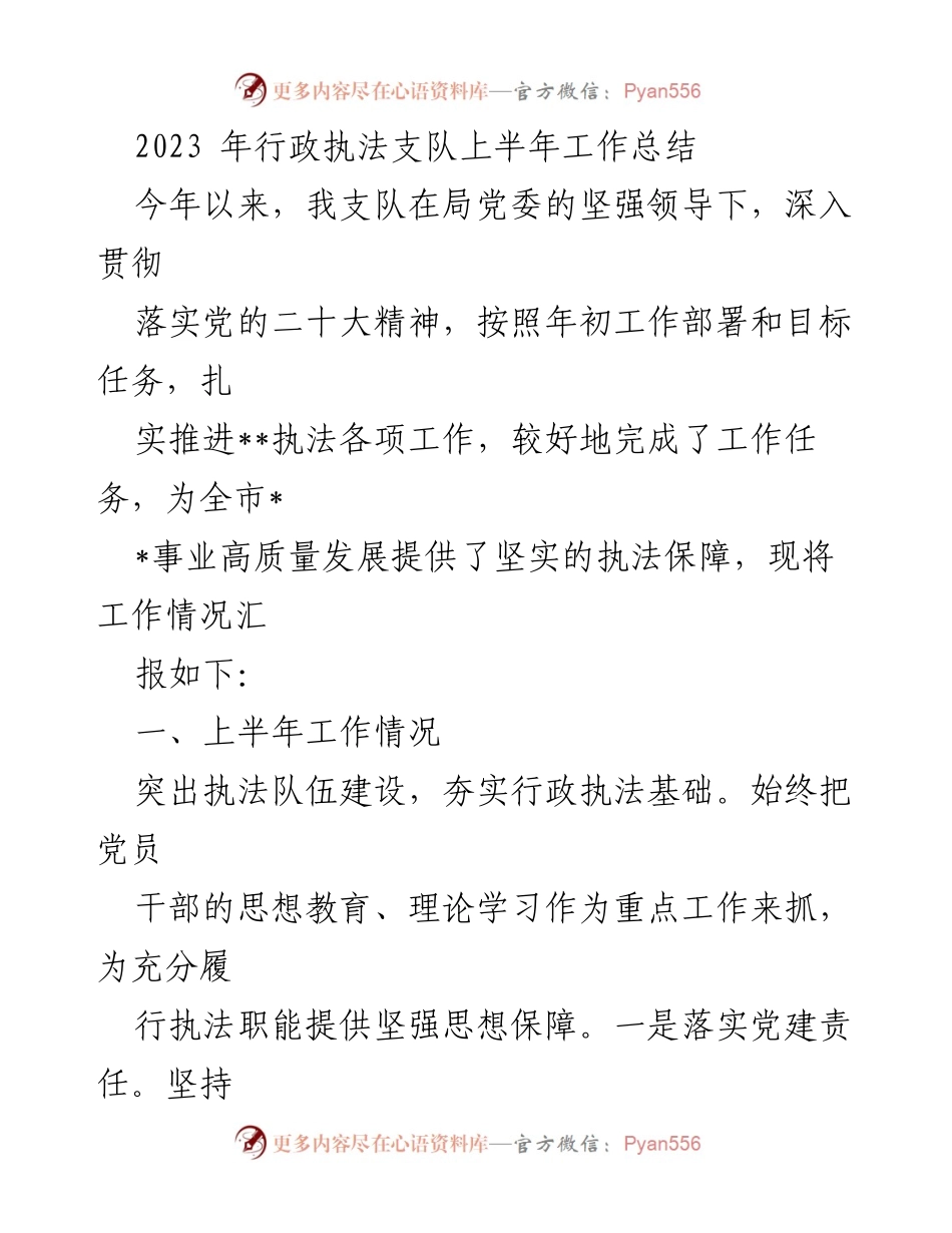 [工作总结] 行政执法支队 - 2023年上半年行政执法工作总结报告.docx_第1页