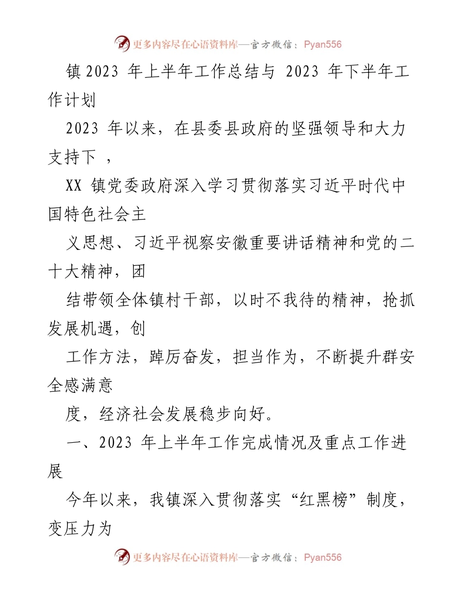 [工作总结] 镇党委政府 - 2023年上半年工作总结与下半年工作计划.docx_第1页