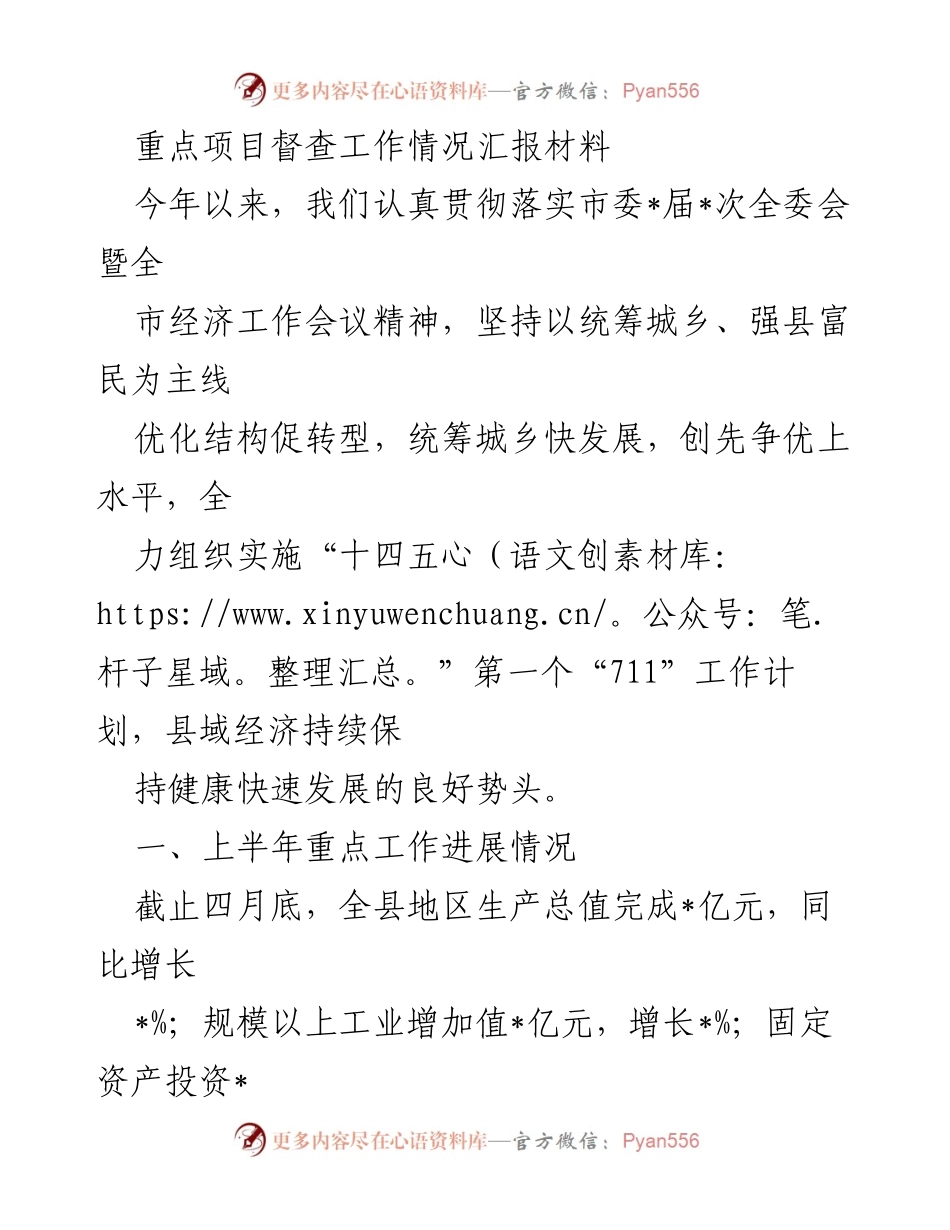 [工作总结] 重点项目督查 - 上半年重点项目督查工作进展情况汇报.docx_第1页