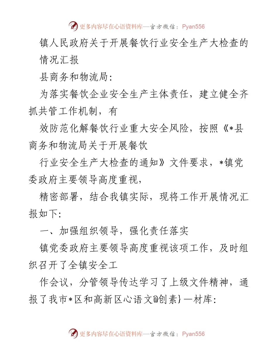 [工作总结] 餐饮行业安全检查 - 餐饮行业安全生产大检查情况汇报.docx_第1页