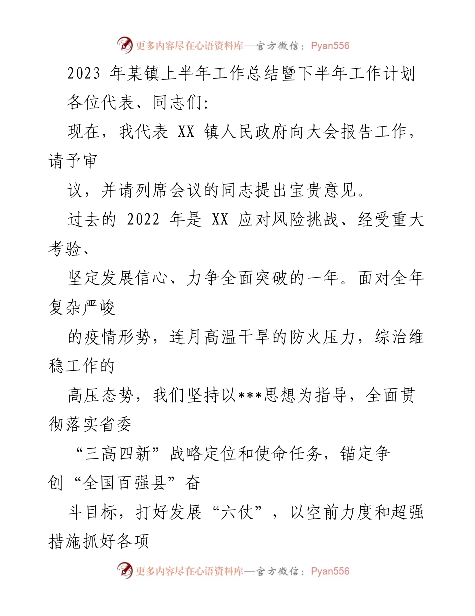 [工作总结] 镇政府会议 - 2023年XX镇上半年工作总结与下半年工作计划.docx_第1页