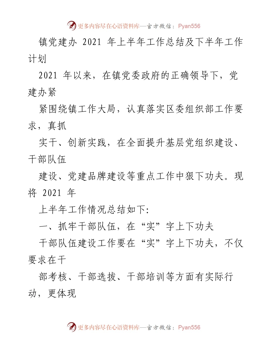 [工作总结] 镇党建办 - 2021年上半年工作总结与下半年计划.docx_第1页