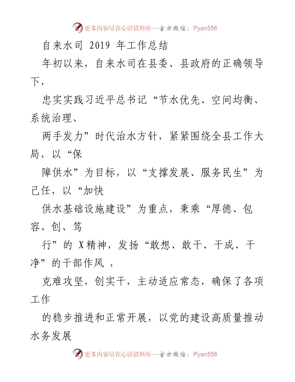 [工作总结] 自来水司 - 2019年自来水司工作总结报告.docx_第1页