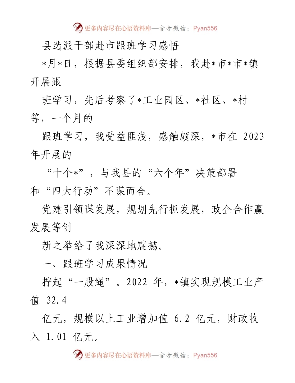 [工作总结] 跟班学习 - 县选派干部赴市学习总结与感悟.docx_第1页