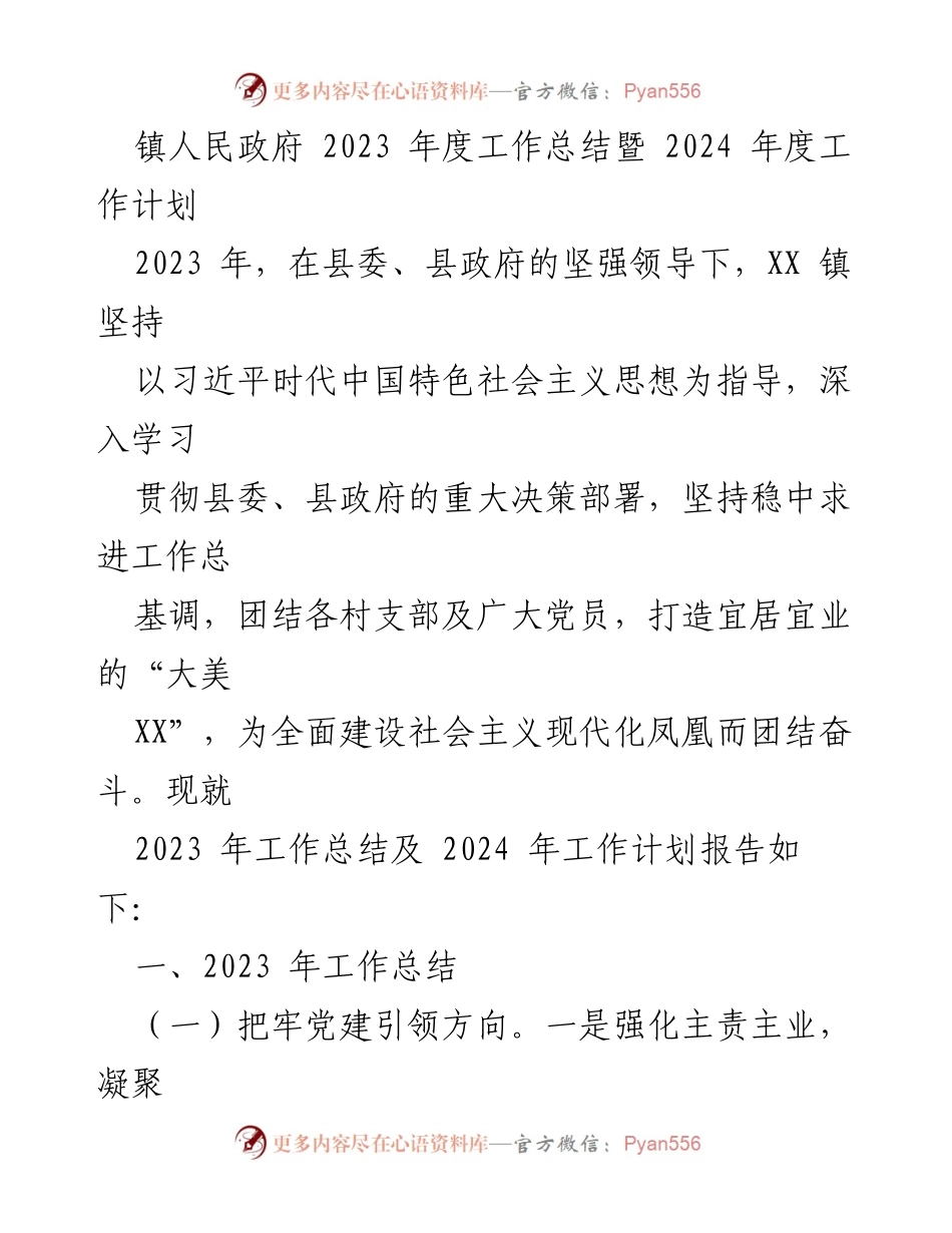 [工作总结] 镇人民政府 - 2023年度工作总结及2024年度工作计划.docx_第1页