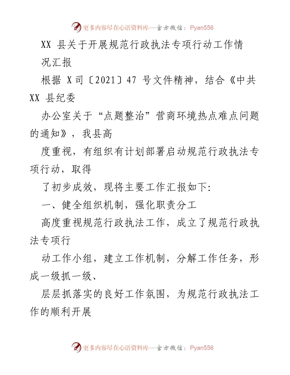[工作总结] 行政执法专项行动 - XX县规范行政执法专项行动工作情况汇报.docx_第1页