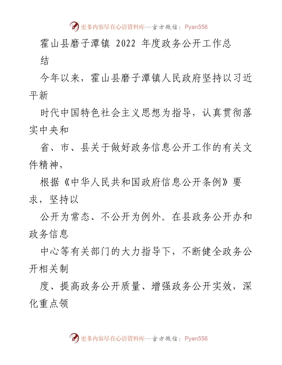 [工作总结] 霍山县磨子潭镇 - 2022年度政务公开工作总结.docx_第1页