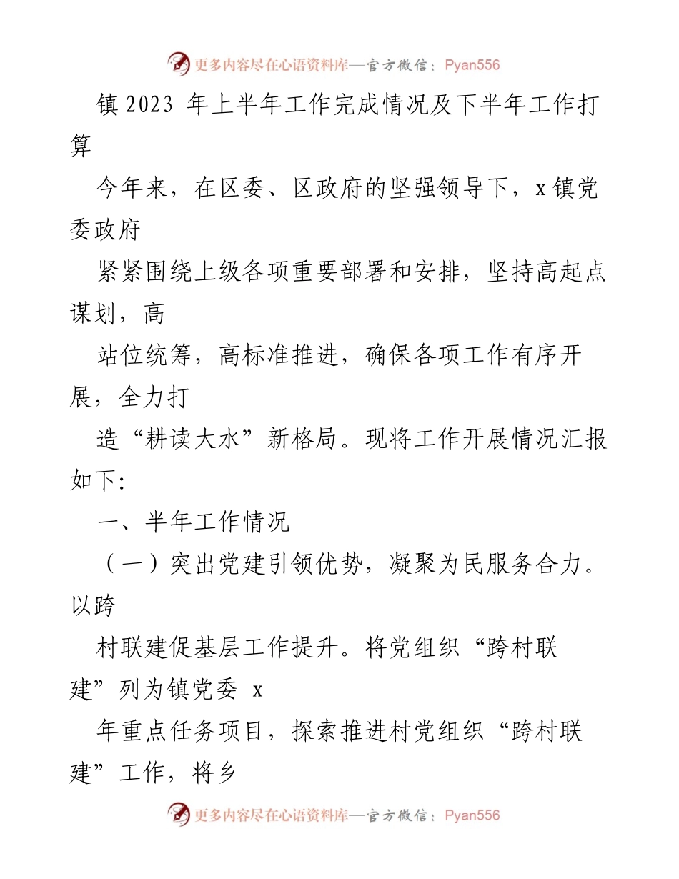 [工作总结] 镇党委政府 - 2023年上半年工作完成情况及下半年工作打算.docx_第1页