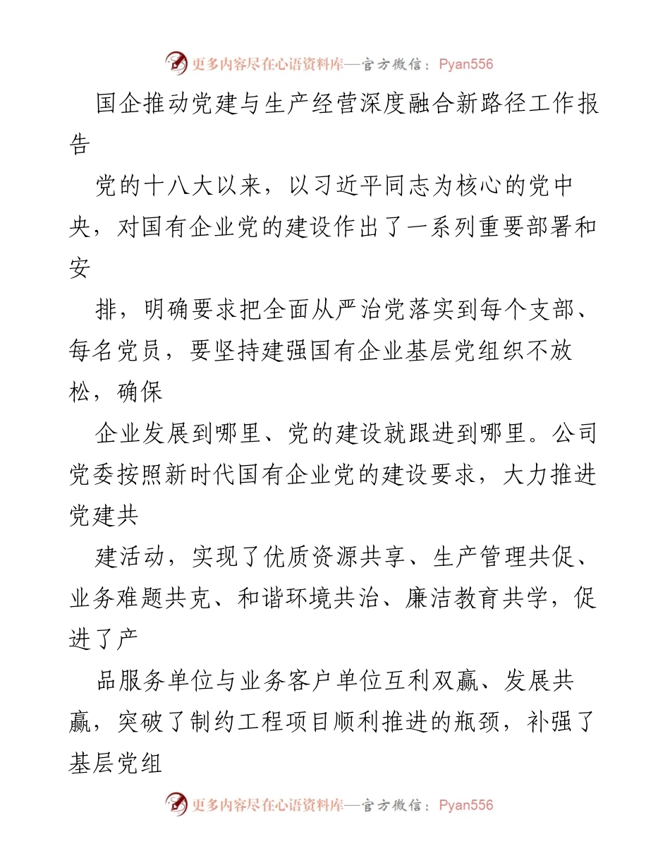 [工作报告] 国企党建 - 推动党建与生产经营深度融合的新路径探索.docx_第1页