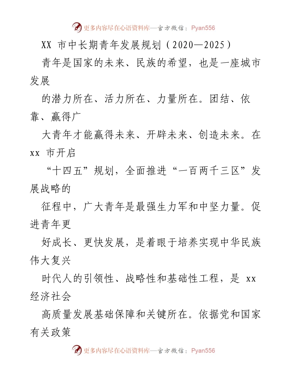[工作总结] 青年发展规划 - XX市中长期青年发展规划（2020—2025）概述与实施策略.docx_第1页