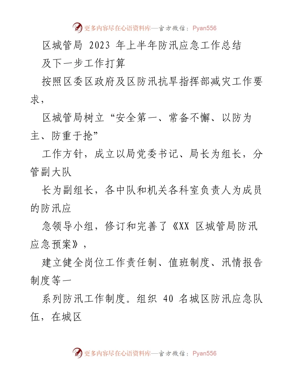[工作总结] 防汛应急 - 2023年上半年区城管局防汛应急工作总结及下一步计划.docx_第1页