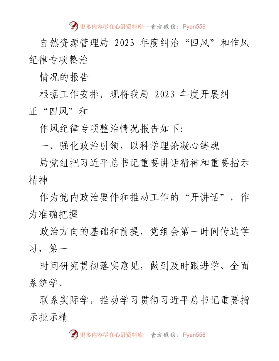 [工作总结] 自然资源管理局 - 2023年度“四风”及作风纪律专项整治情况报告_1.docx_第1页