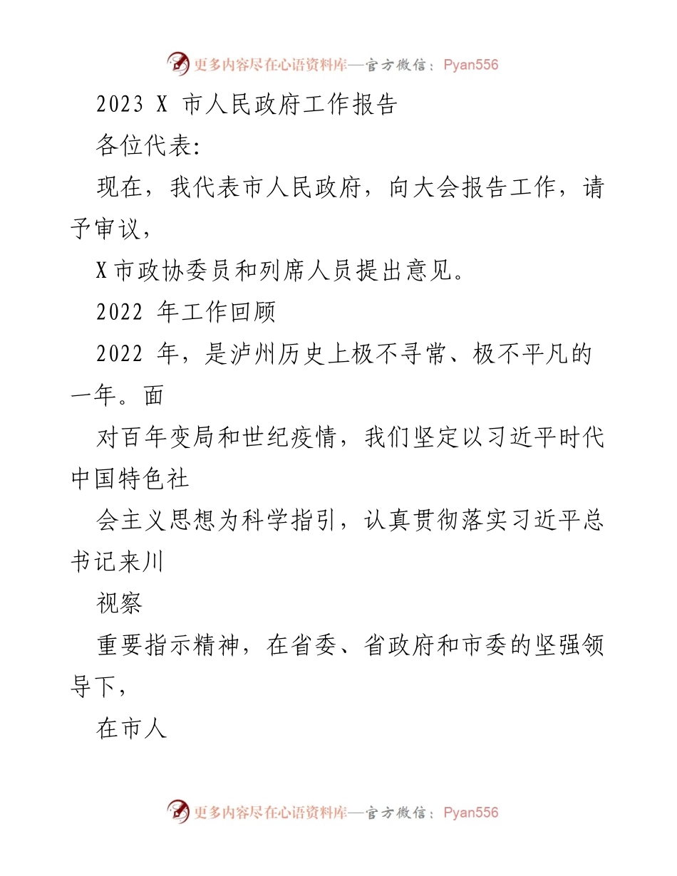 [工作报告] 市人民政府会议 - 2023年X市人民政府工作报告.docx_第1页