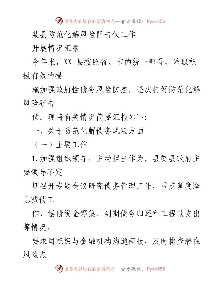 [工作总结] 防范化解风险工作 - XX县政府性债务风险防控工作开展情况汇报.docx_第1页