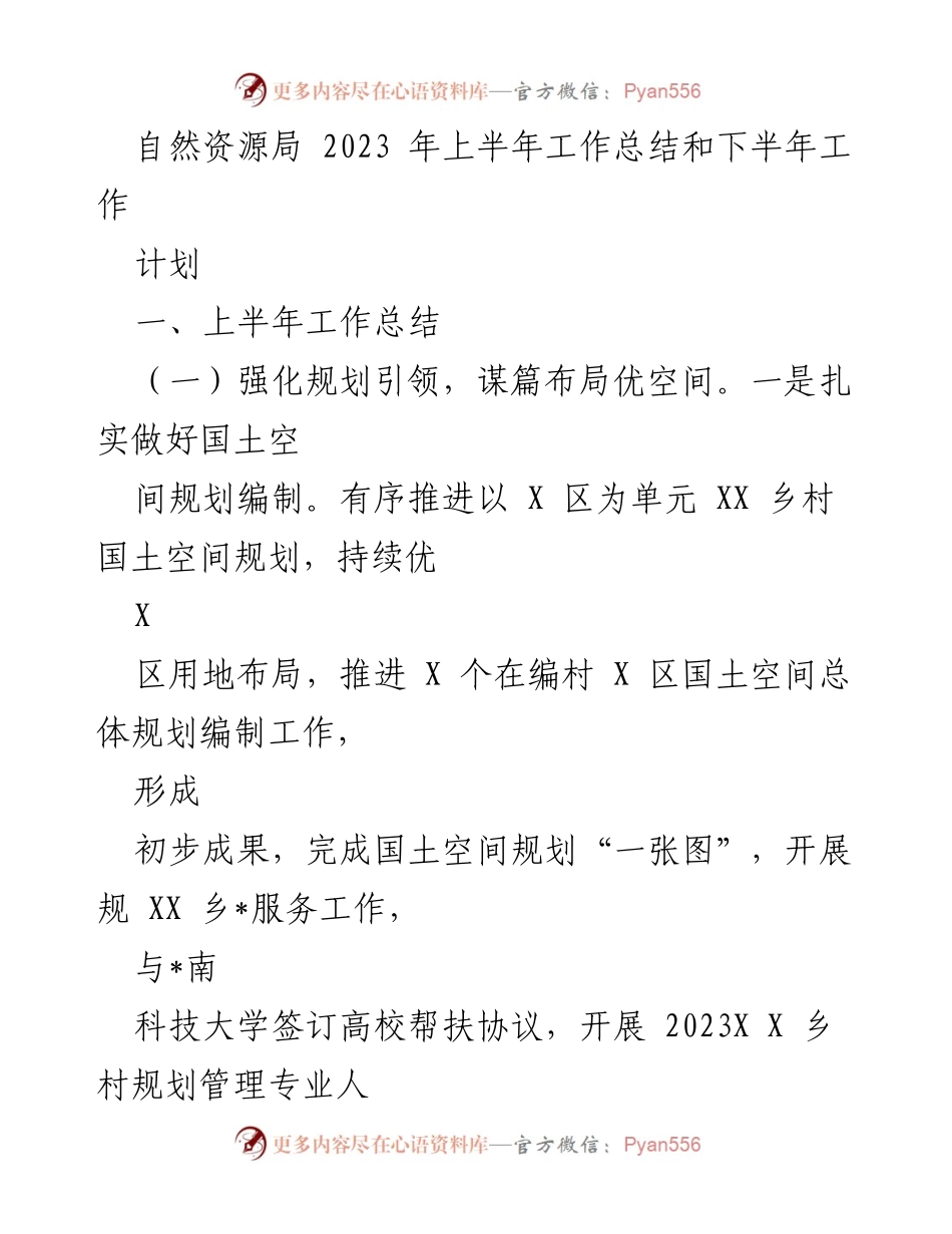 [工作总结] 自然资源局 - 2023年上半年工作总结与下半年计划.docx_第1页