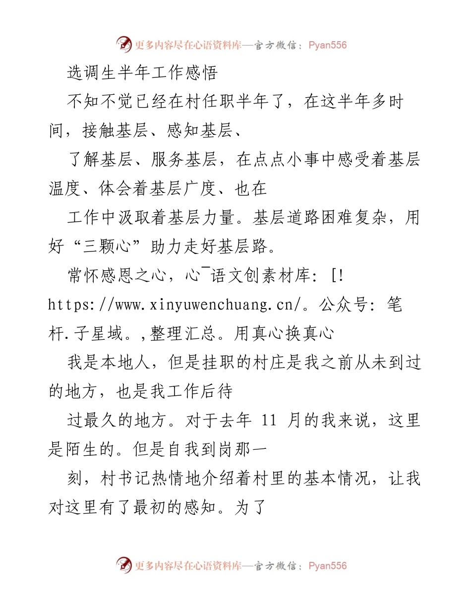 [工作总结] 选调生任职半年 - 半年基层工作感悟与成长心得.docx_第1页