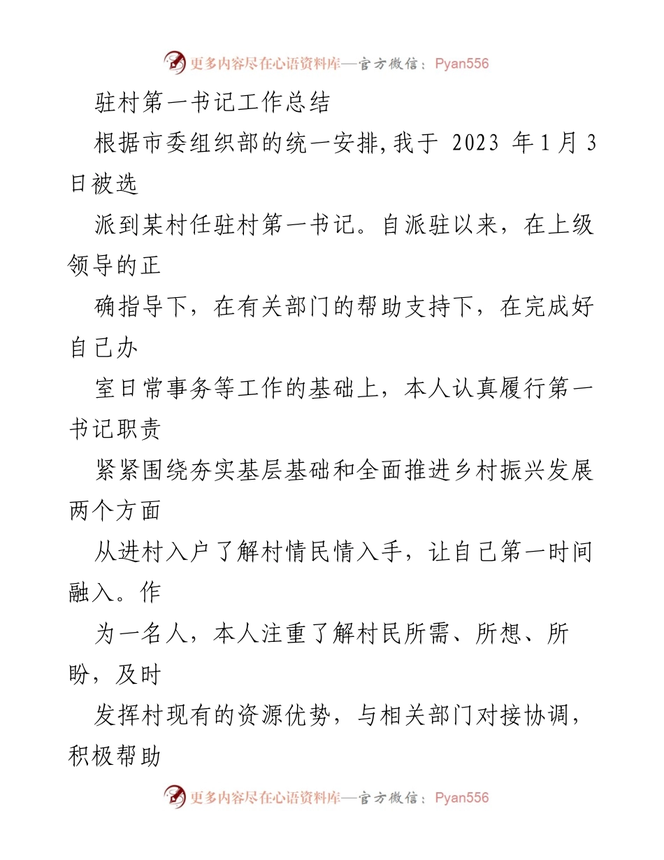 [工作总结] 驻村工作 - 驻村第一书记工作总结与经验分享.docx_第1页