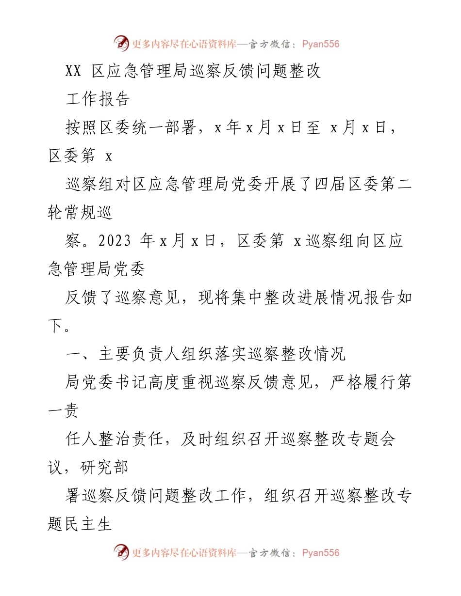 [工作报告] 巡察整改 - XX区应急管理局巡察反馈问题整改进展报告.docx_第1页