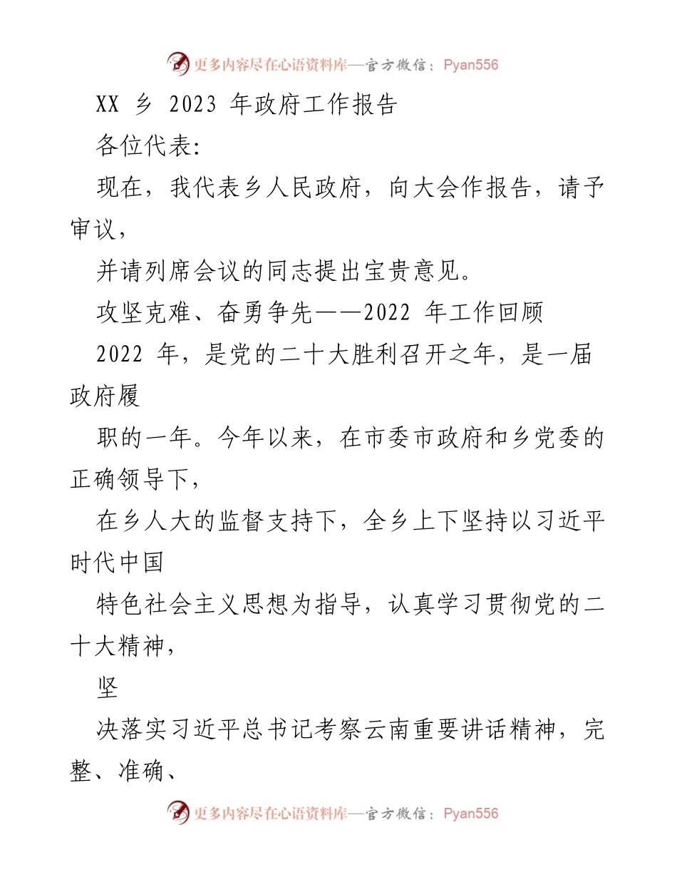 [工作报告] 乡人民代表大会 - XX乡2023年政府工作报告.docx_第1页