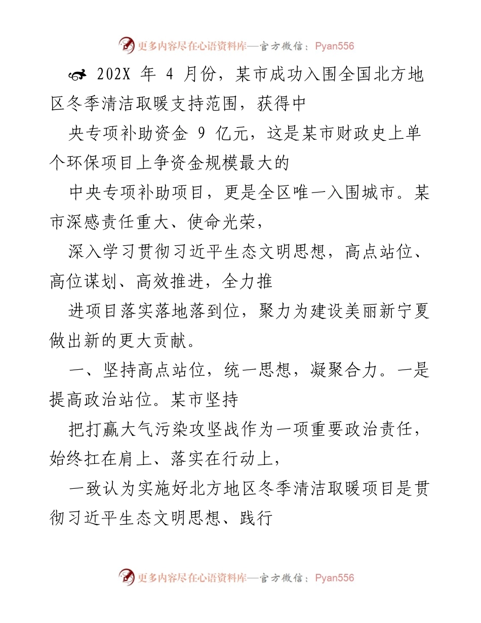 [工作总结] 项目推进 - 某市冬季清洁取暖项目推进工作总结.docx_第1页