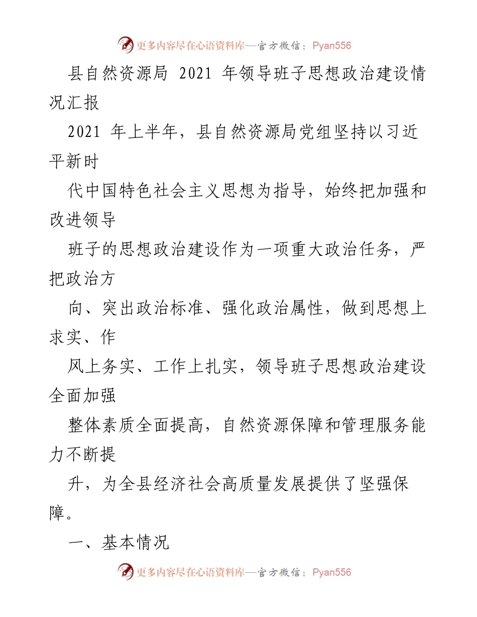 [工作总结] 自然资源局 - 2021年县自然资源局领导班子思想政治建设情况汇报.docx_第1页
