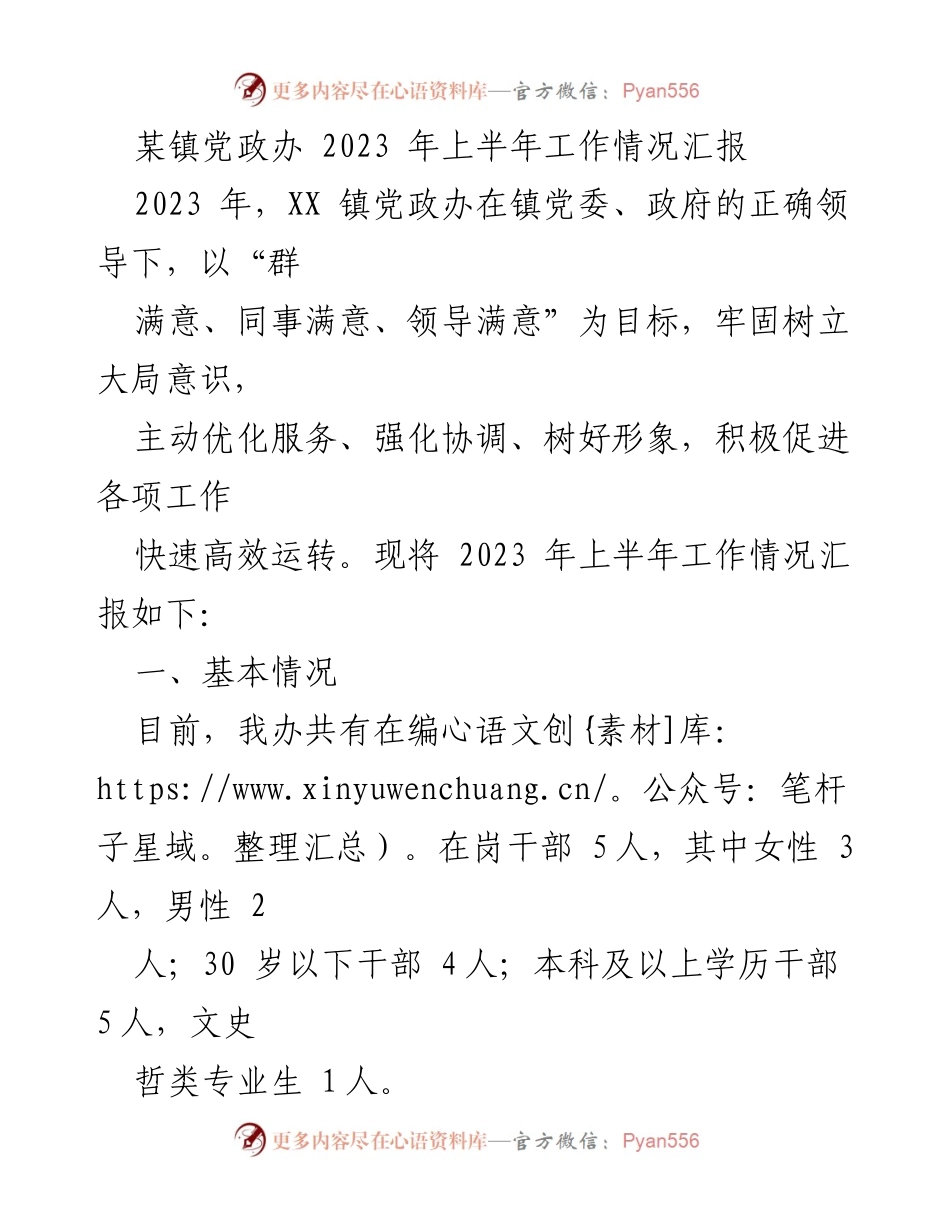 [工作总结] 镇党政办 - 2023 年上半年工作情况汇报.docx_第1页
