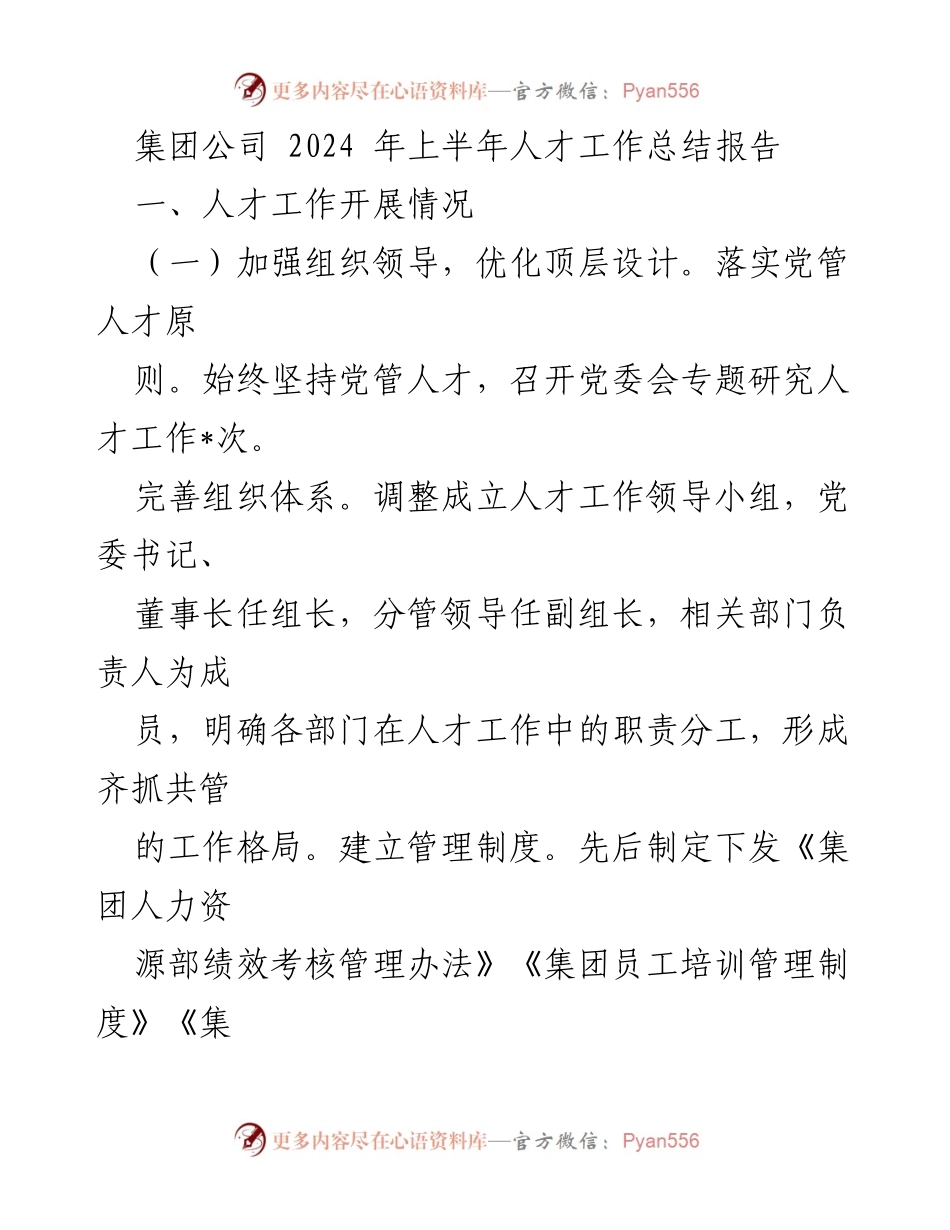 [工作总结] 集团公司 - 2024年上半年人才工作总结报告.docx_第1页