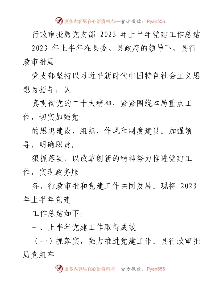 [工作总结] 行政审批局党支部 - 2023年上半年党建工作总结与成效分析.docx_第1页
