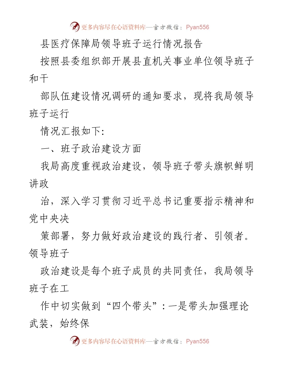 [工作总结] 调研 - 县医疗保障局领导班子运行情况总结报告.docx_第1页