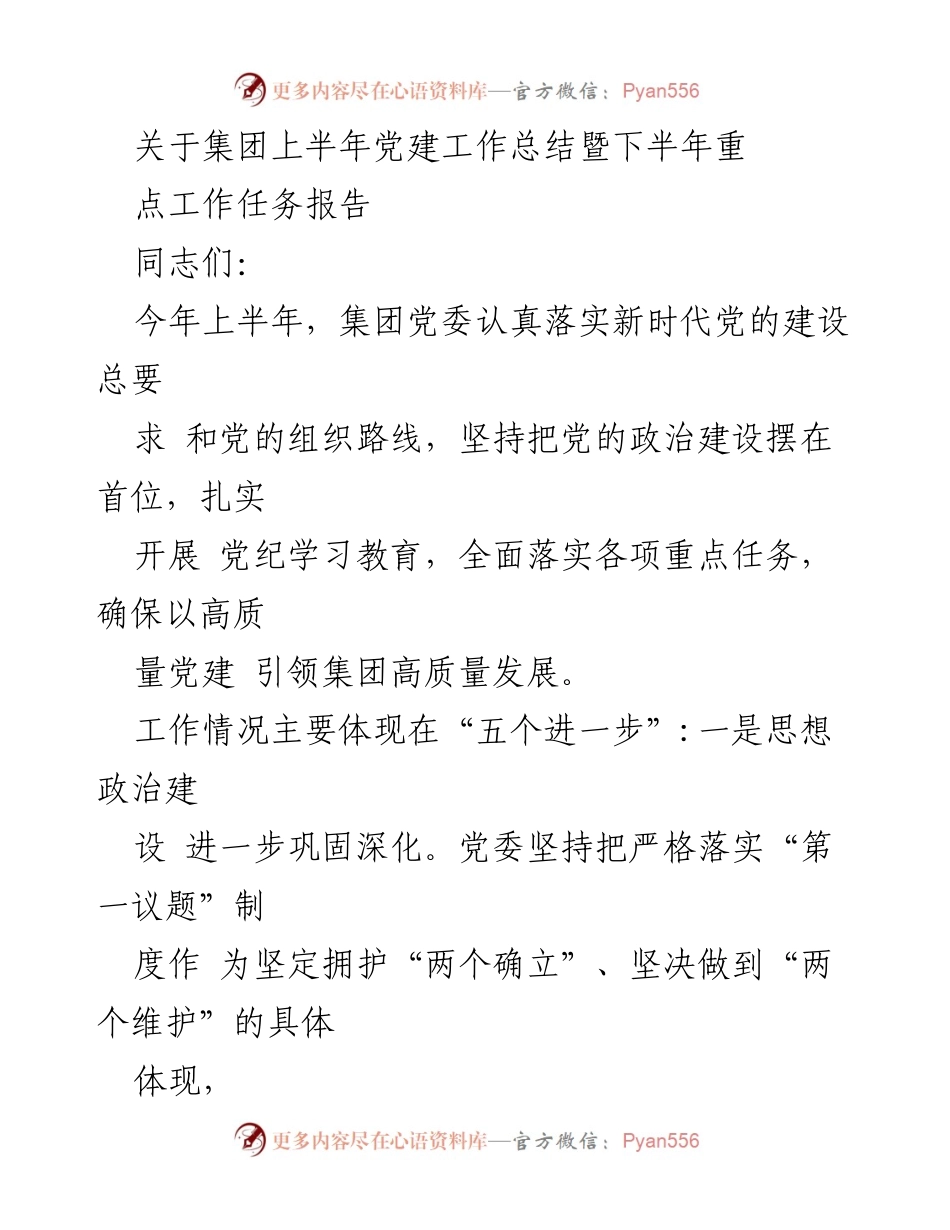 [工作总结] 集团党委 - 上半年党建工作总结与下半年工作任务规划.docx_第1页