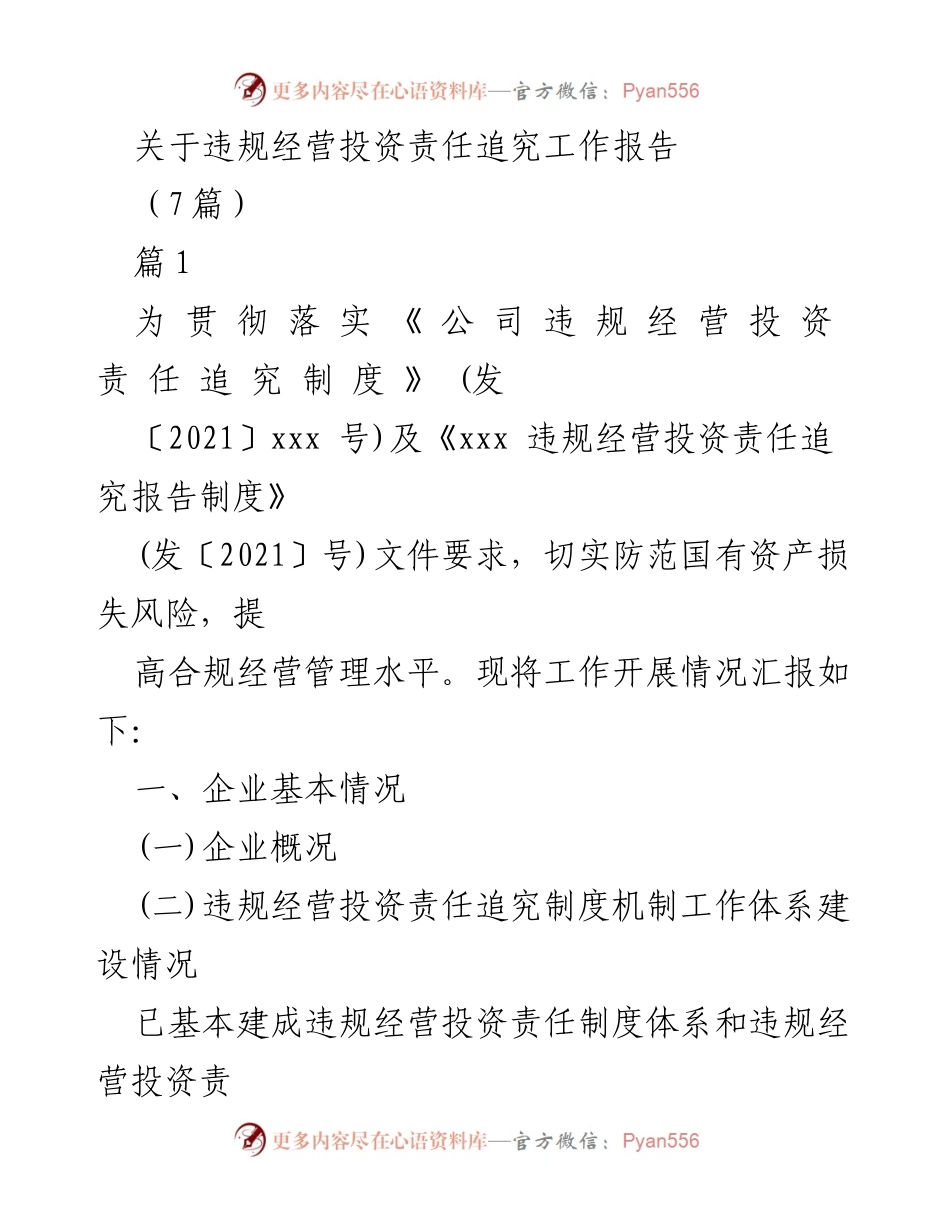[工作总结] 违规经营投资责任追究 - 违规经营投资责任追究工作开展情况汇报.docx_第1页