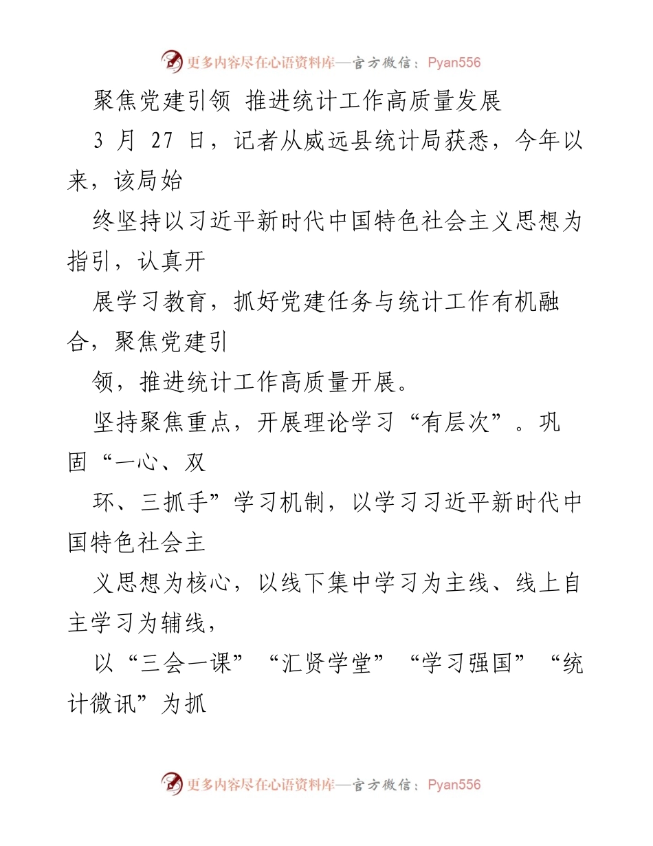 [工作总结] 统计局 - 聚焦党建引领 促进统计工作高质量发展.docx_第1页