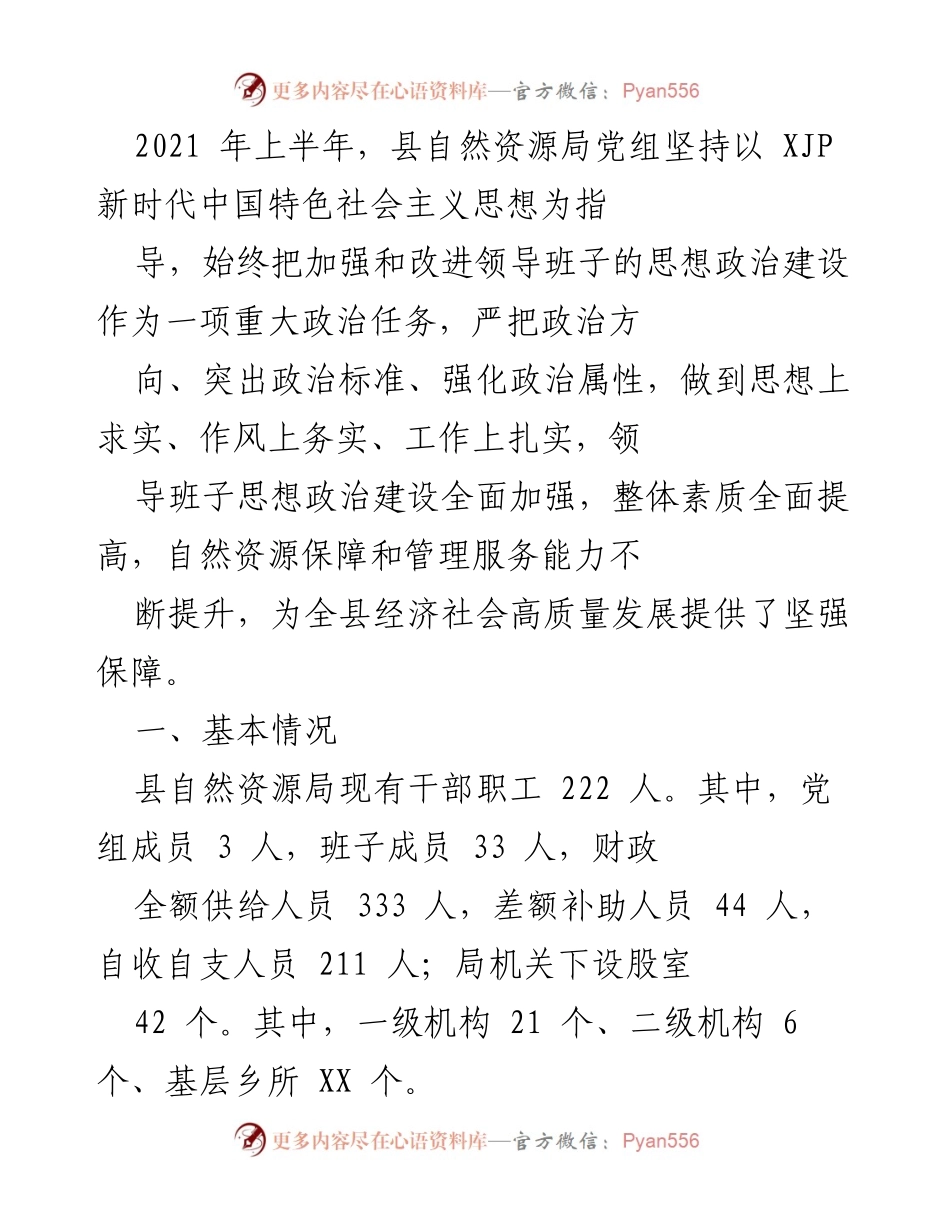 [工作总结] 自然资源局 - 加强思想政治建设，推动高质量发展.docx_第1页