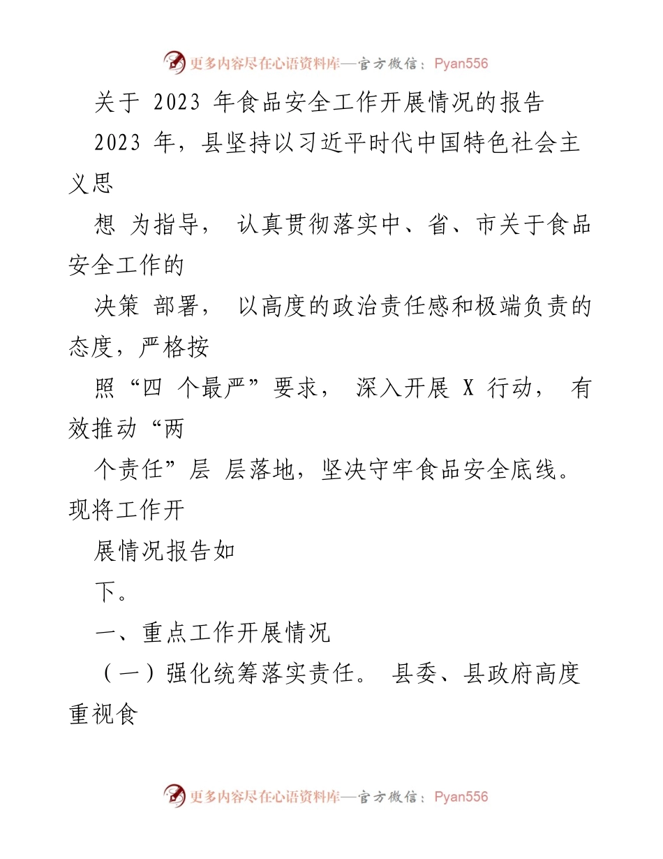 [工作总结] 食品安全工作会议 - 2023年食品安全工作开展情况报告.docx_第1页