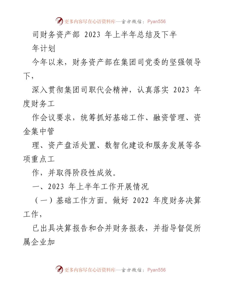 [工作总结] 财务资产部 - 2023年上半年工作总结及下半年计划.docx_第1页