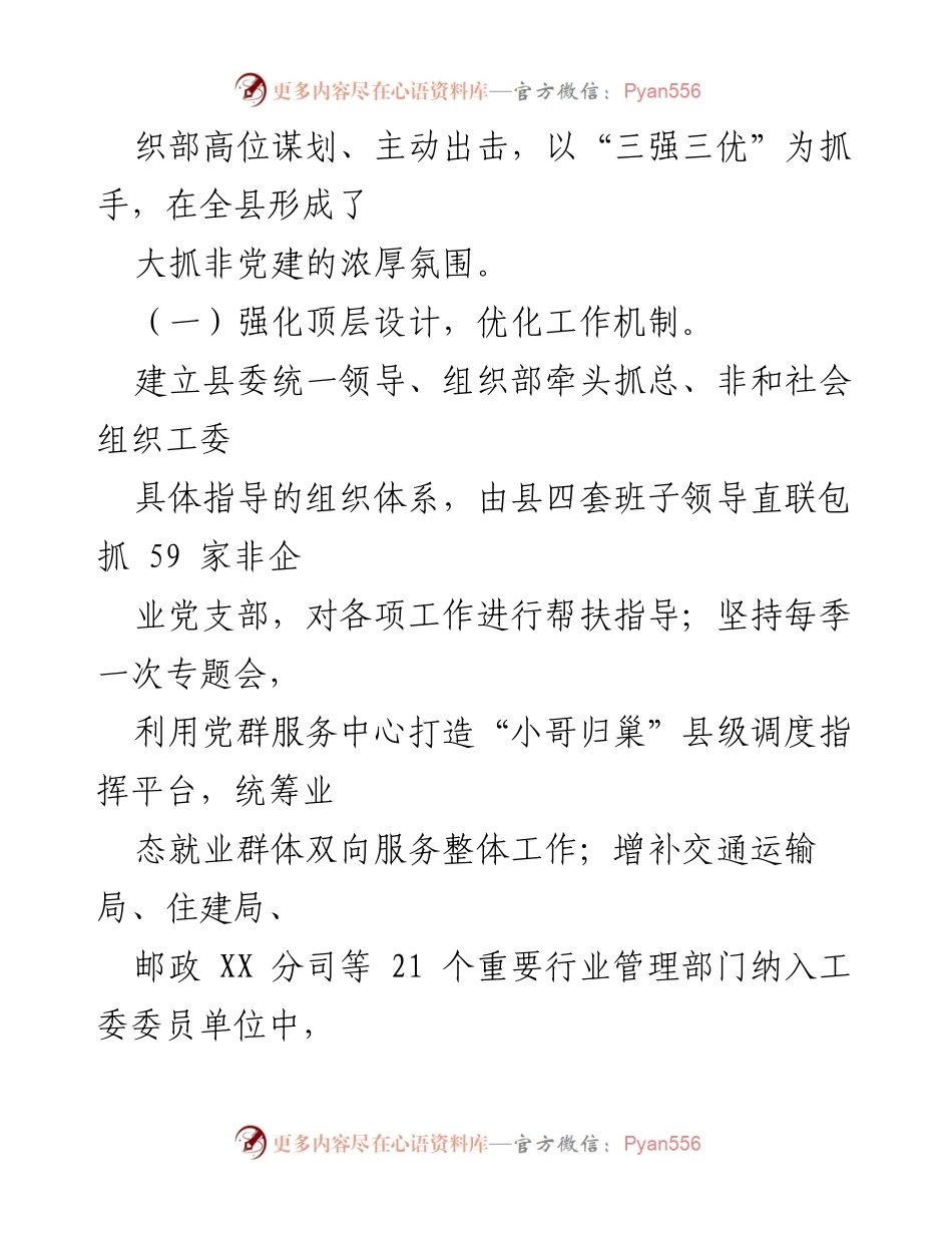 [工作总结] 非党建工作推进 - 某县非党建工作推进汇报总结.docx_第2页