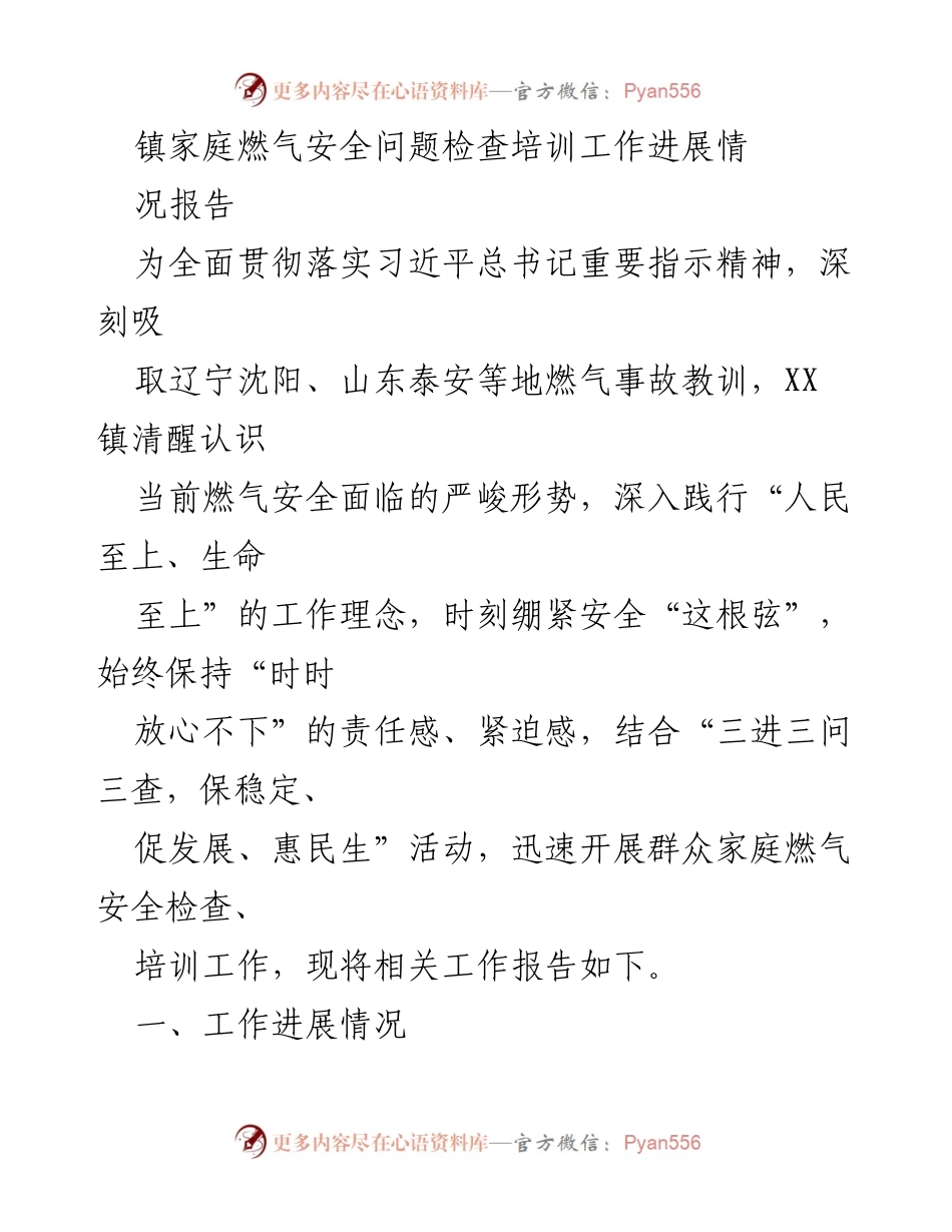 [工作总结] 镇家庭燃气安全检查培训 - 镇家庭燃气安全检查培训工作进展情况报告.docx_第1页