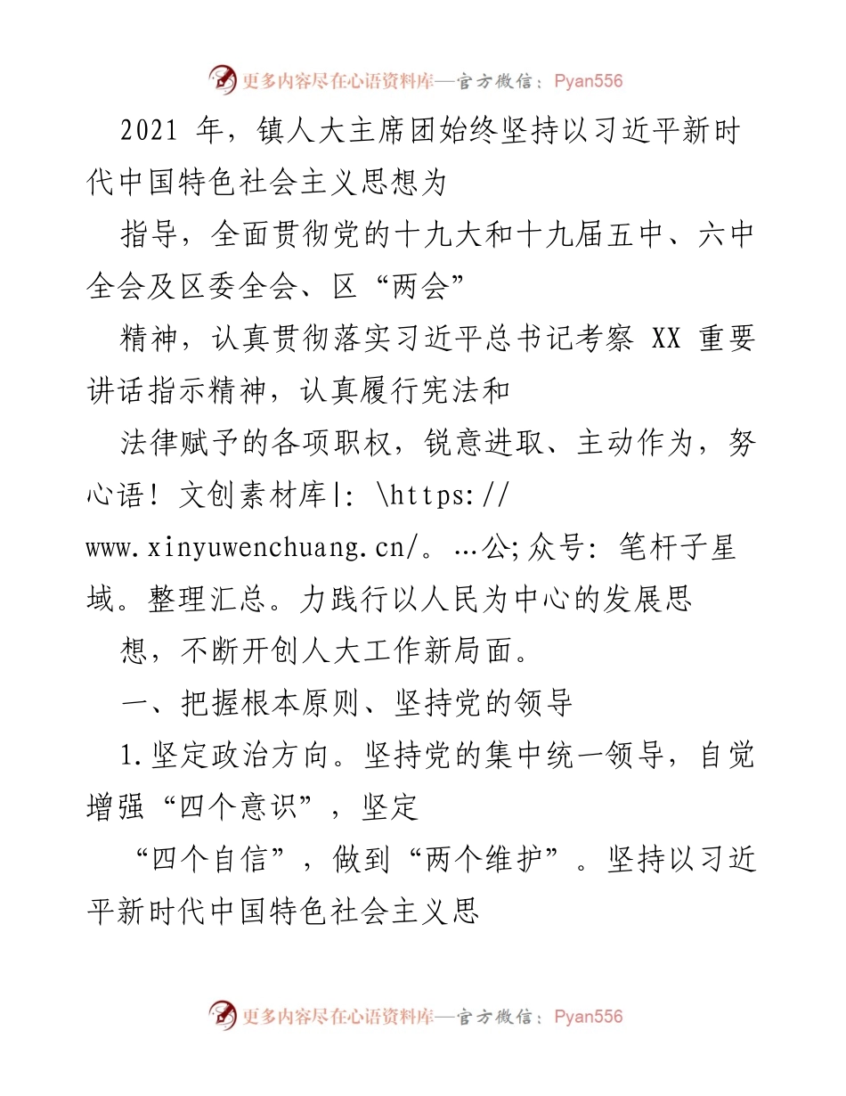 [工作总结] 镇人大主席团 - 2021年镇人大主席团工作总结与责任担当.docx_第1页
