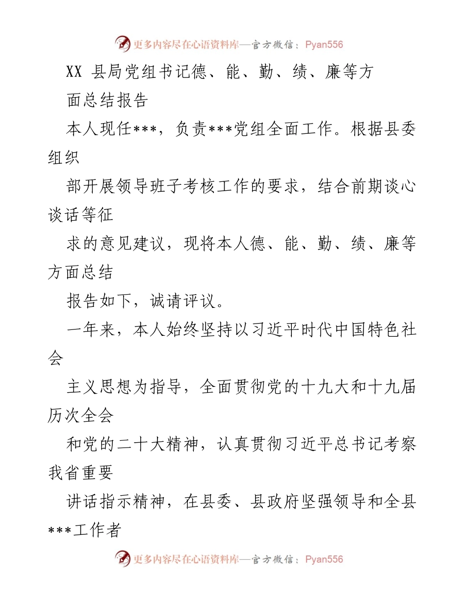 [工作总结] 领导班子考核 - XX县局党组书记德能勤绩廉总结报告_1.docx_第1页