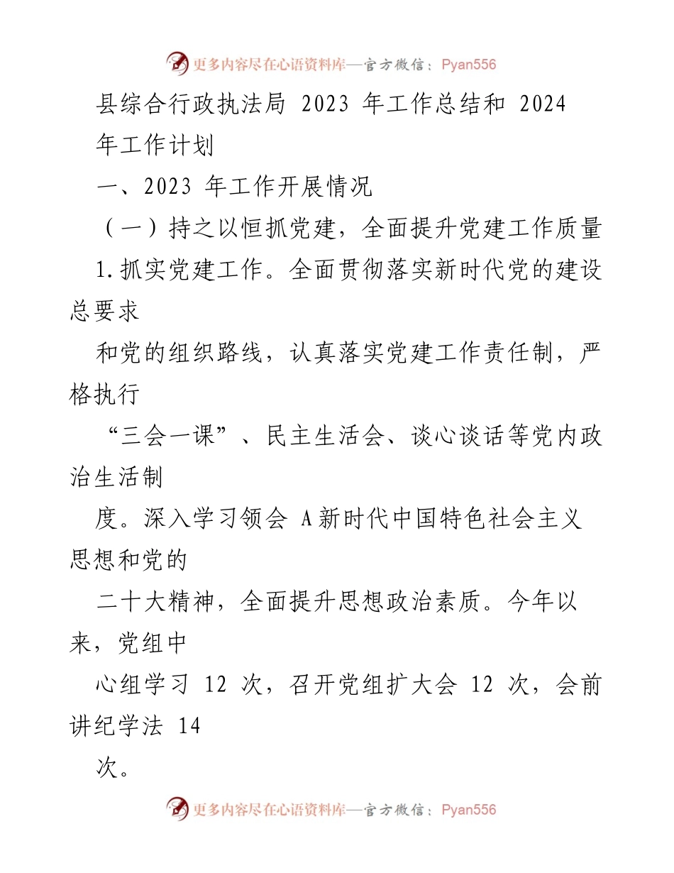 [工作总结] 行政执法局 - 2023年工作总结与2024年工作计划概述.docx_第1页